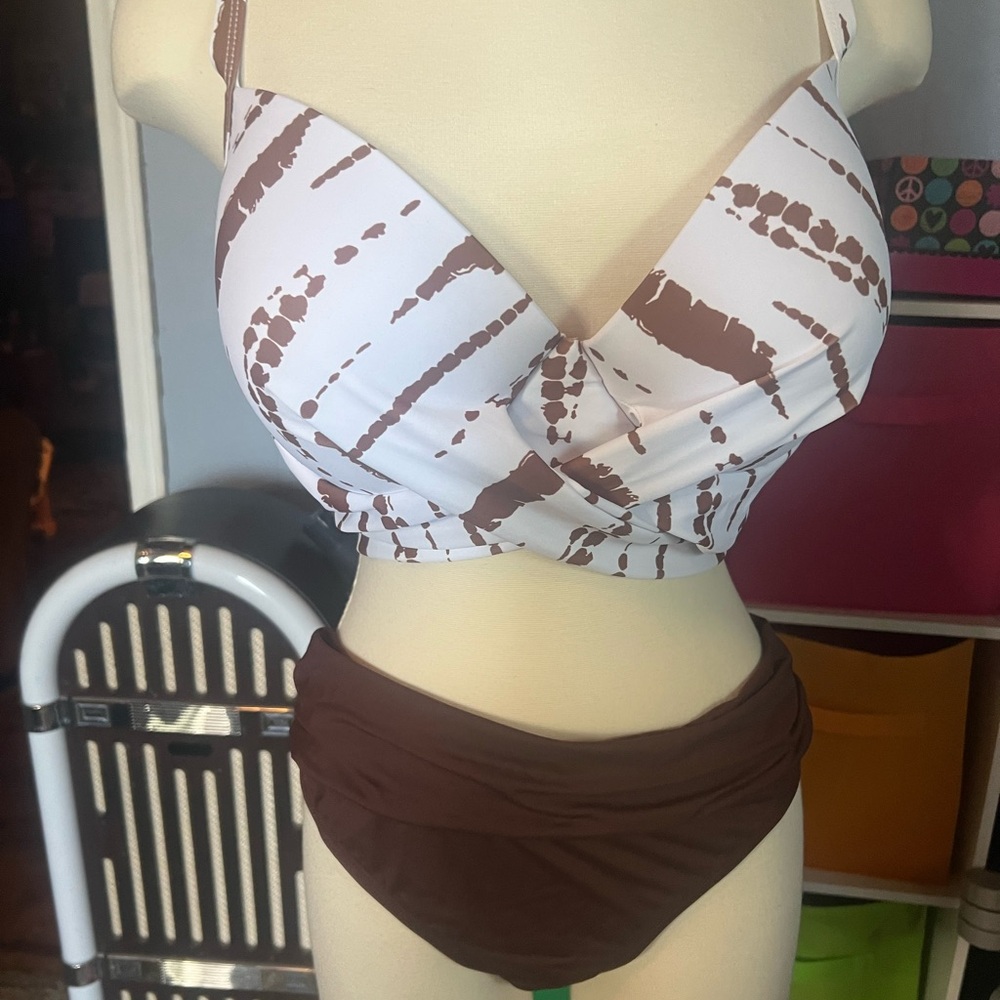 La Blanca Brown and White Halter Bikini with V-Neck